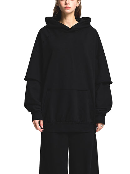 Acid Washed Raw Edge Double Layered Hoodie