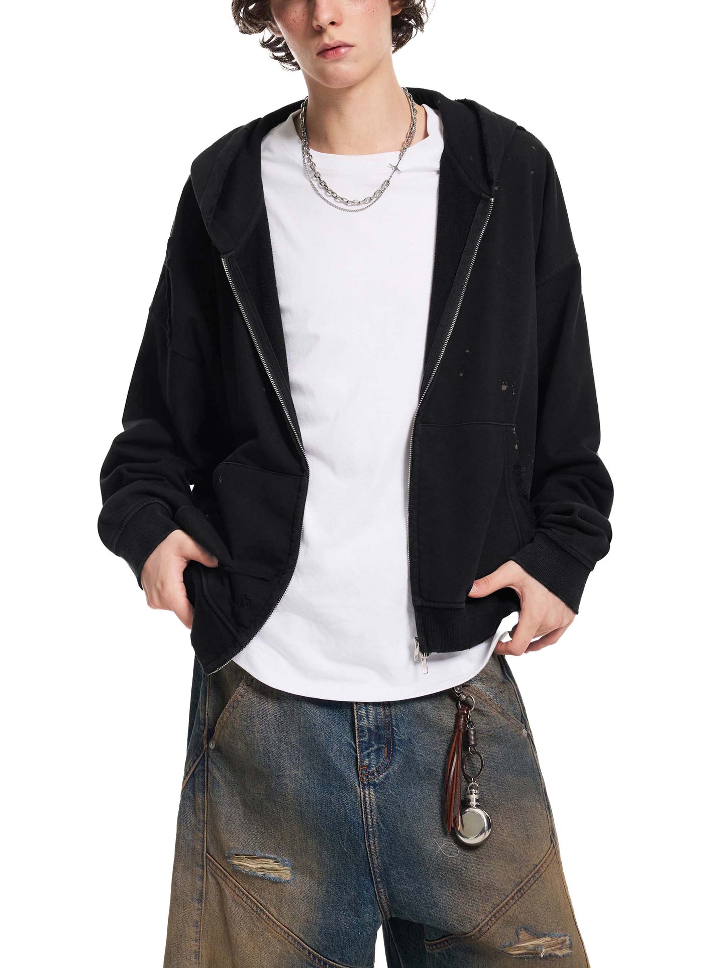 sun fade frayed raw edge fleece zip hoodie