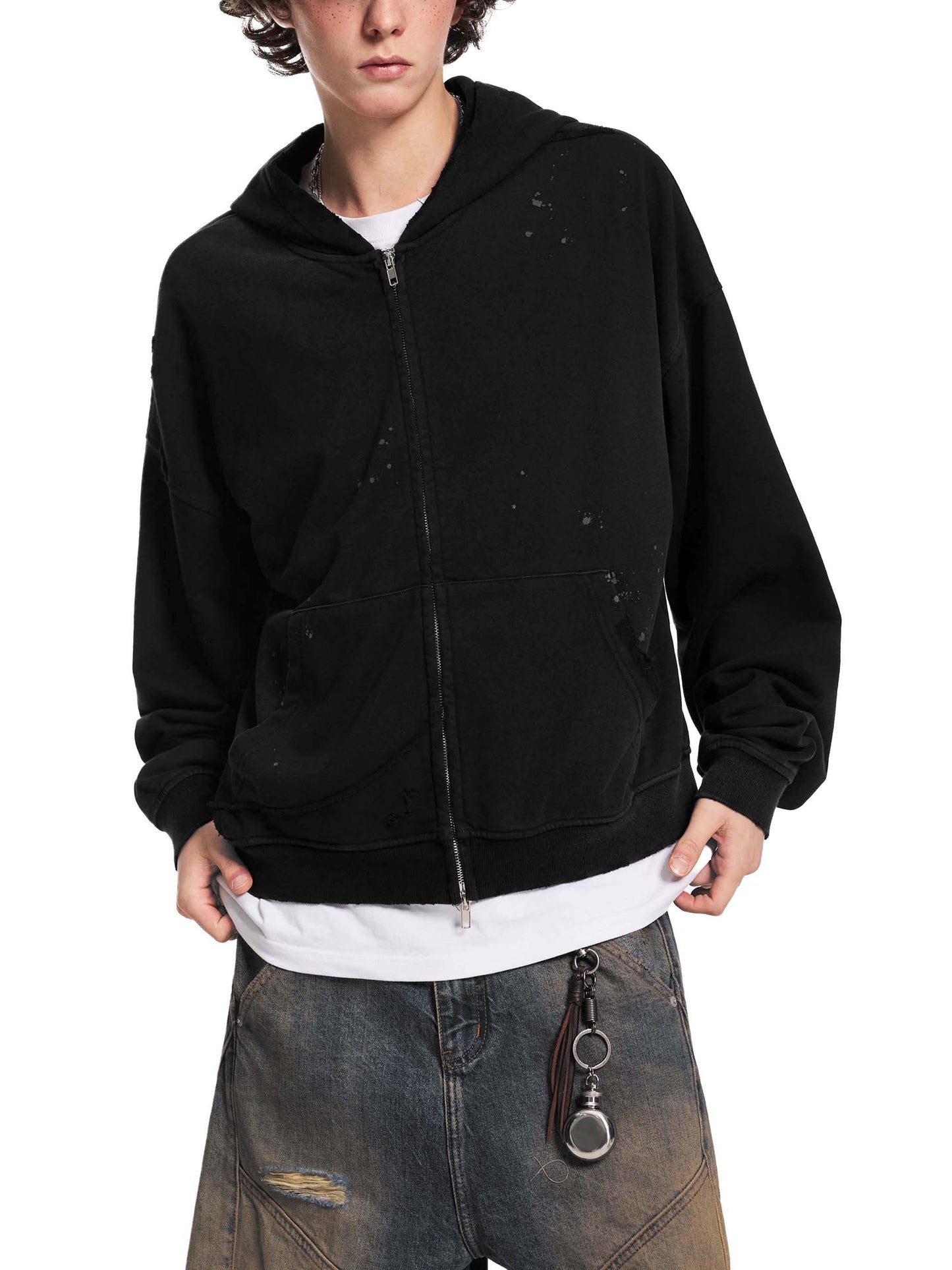sun fade frayed raw edge fleece zip hoodie