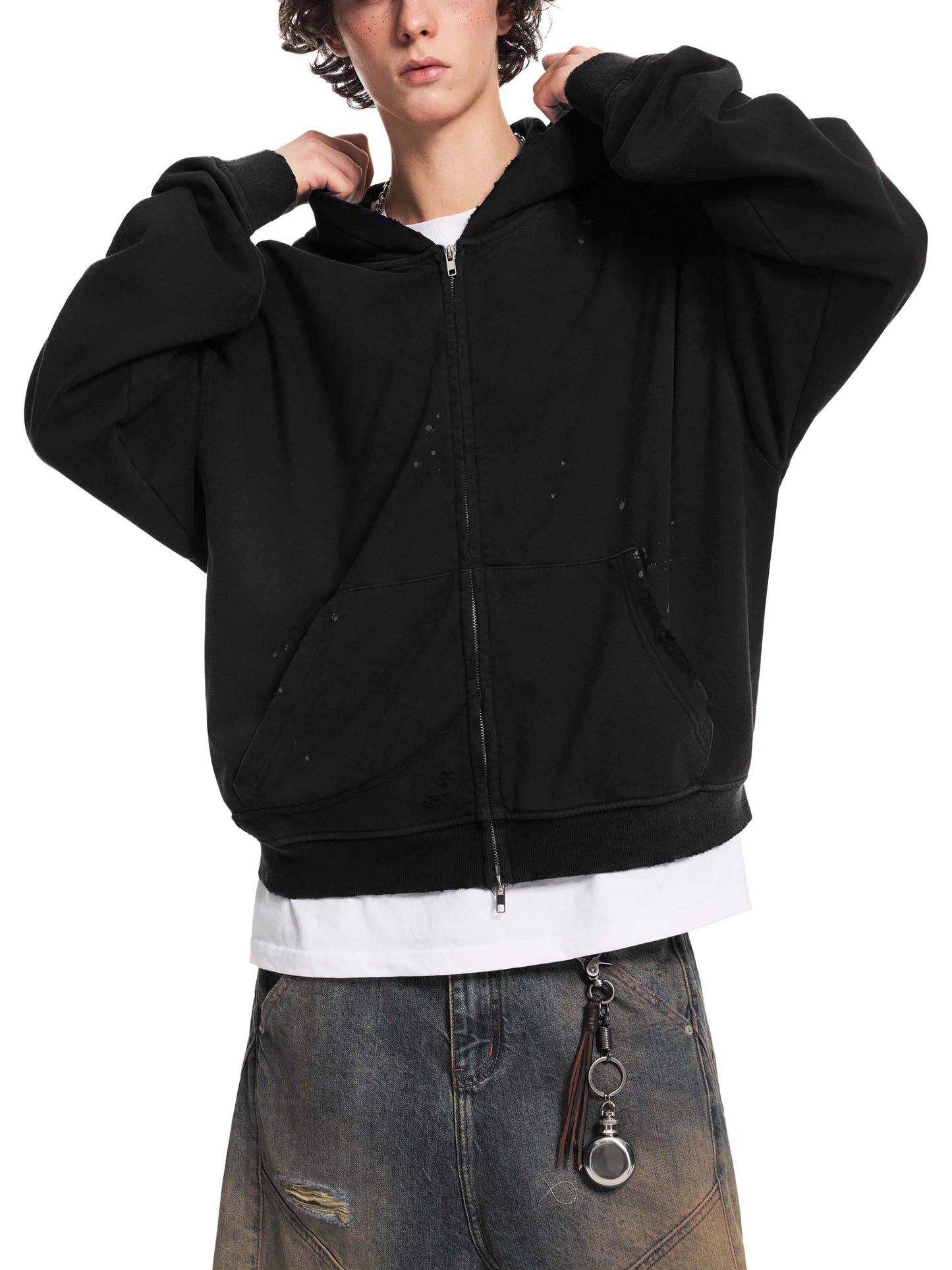 sun fade frayed raw edge fleece zip hoodie