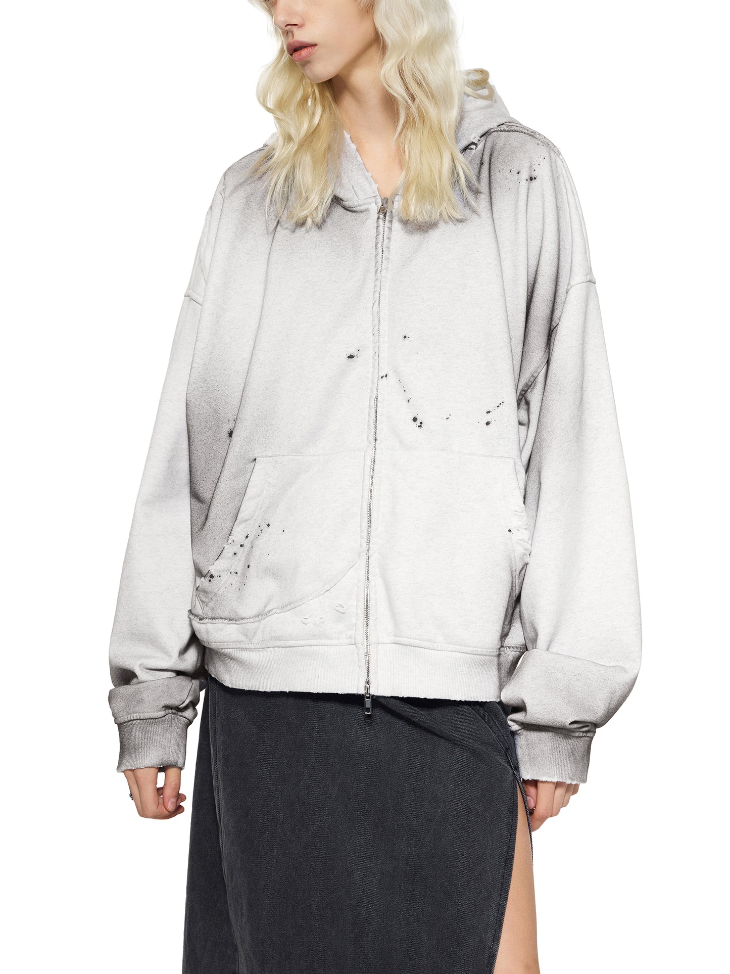 sun fade frayed raw edge fleece zip hoodie