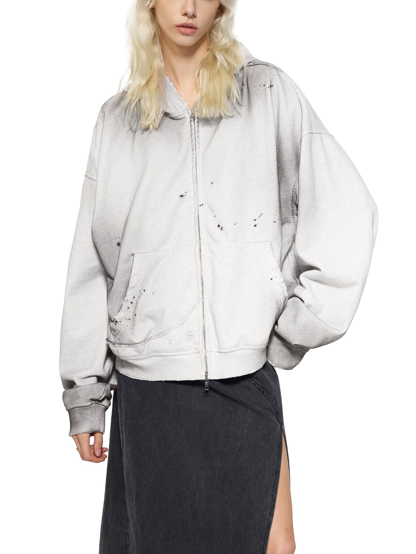 sun fade frayed raw edge fleece zip hoodie