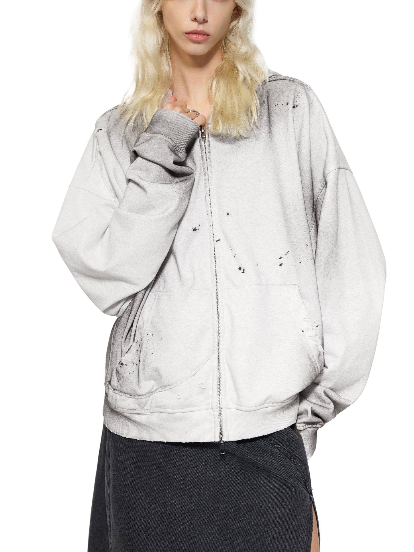 sun fade frayed raw edge fleece zip hoodie